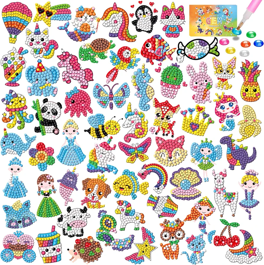 ACSAUMMY Diamond Art Stickers, 60pcs Animals Diamond Arts Paintings Stickers Kits for Kids 5D DIY Diamond Dots Painting Self-Adhesive Mosaic Stickers Cartoon Gem Arts and Crafts for Kids Girls