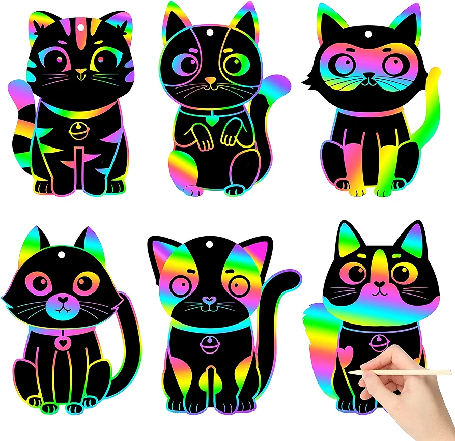 CY2SIDE 60PCS Cat Animal Rainbow Color Scratch Bookmarks for Kids, DIY Cat Rainbow Color Scratch Craft Kit Birthday Party Decors, Catling Pet Magic Art Rainbow Color Craft Kit for Birthday Party Favor