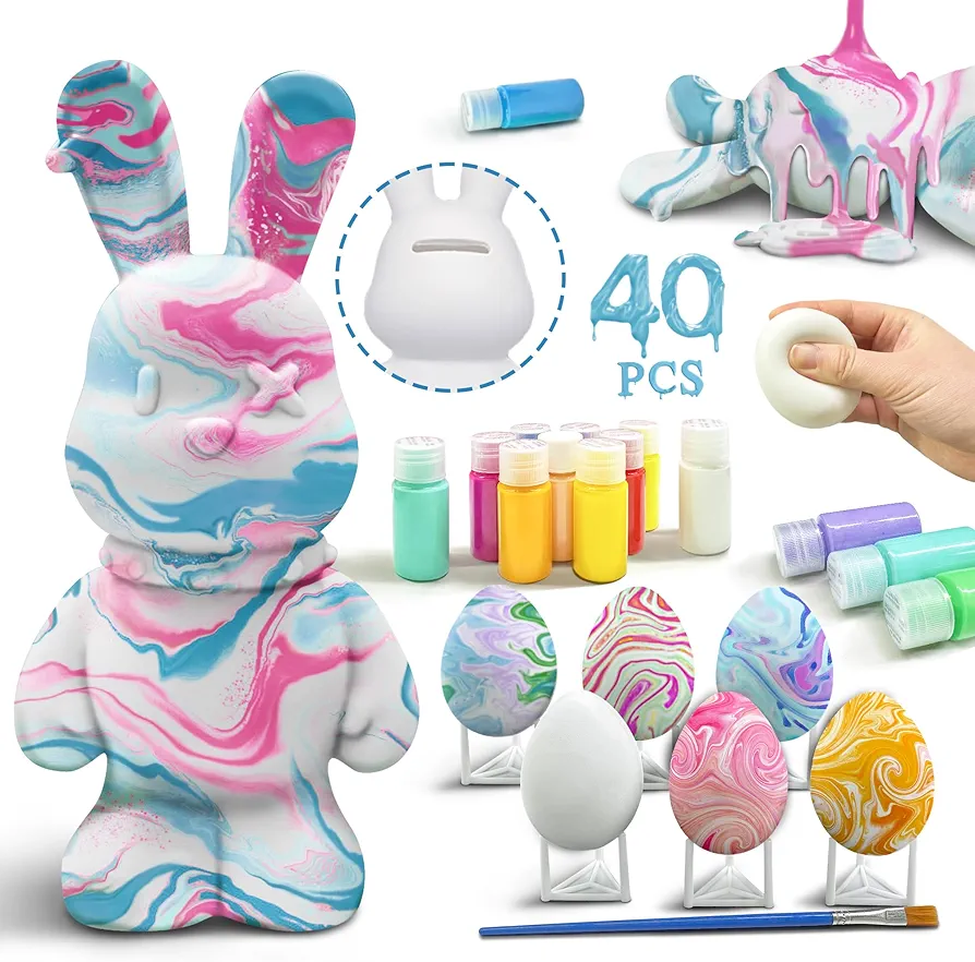 40PCS Pouring Arts Crafts Kit, Paint Your Own Bunny Money Bank,Unfinished Rabbit Figurines Coin Bank,6 Squishies Slow Rising Eggs, Fluid Painting for Kids Boys Girls,Birthday Present Room Decoration