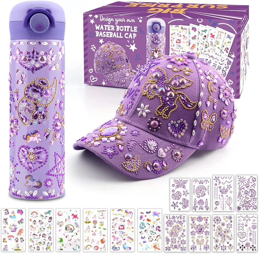 Gifts for Kids 4 5 6 7 8 9 10 12 Years Old-Decorate Your Own Water Bottle Baseball Cap with Cute Stickers, Gifts for Girls & Birthday Gift for Kids, Arts & Crafts for Girls, School Supplies for Girls