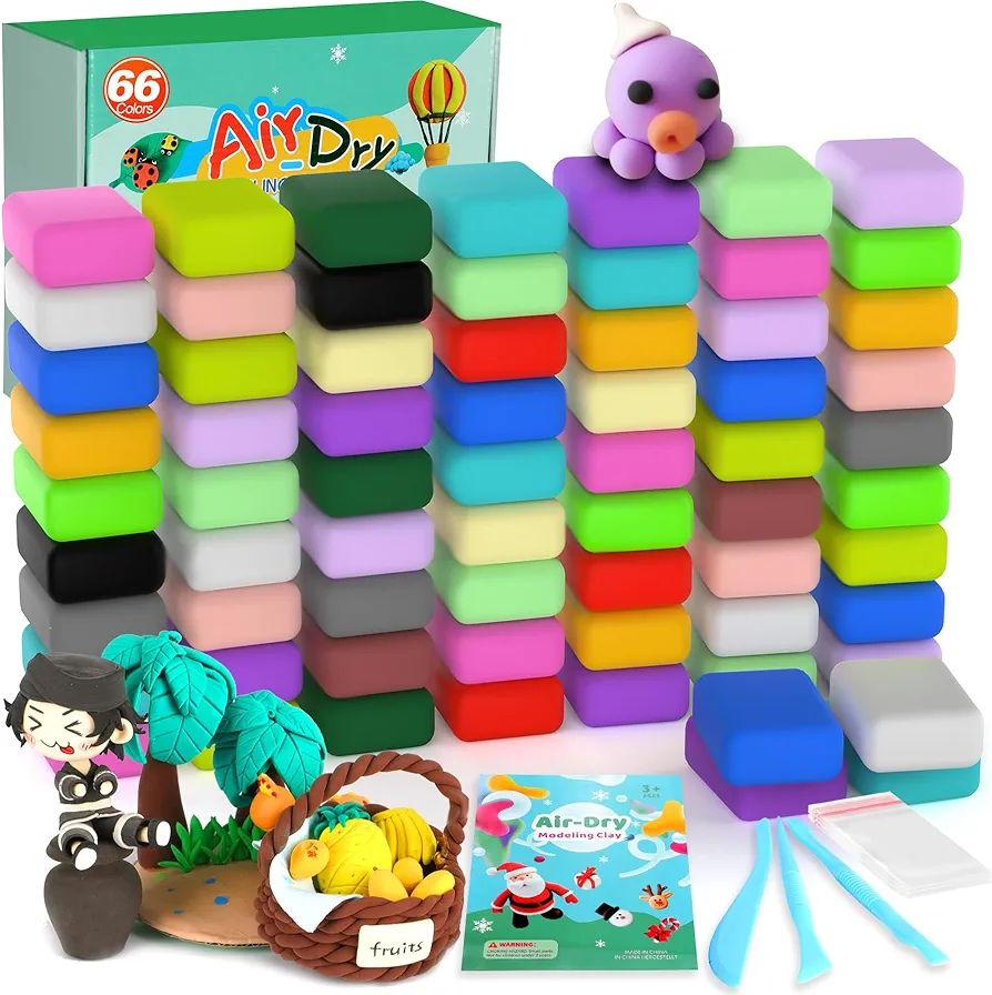 Air Dry Clay 66 Colors, Modeling Clay for Kids, Model Magic Clay, DIY Molding Clay Kit with Sculpting Tools, Soft & Ultra Light, Art and Crafts Gifts for Boys and Girls 3-12 Years Old.
