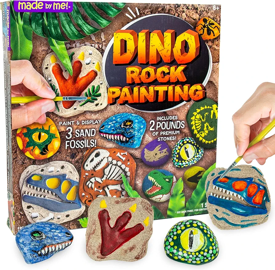 Made By Me Dino Rock Painting Kit, Paint & Display 3 Sand Fossils, Create Your Own Dinosaur Rock Art, Great Spring & Summer Activity, Dinosaur Party Idea, Outdoor Toys for Kids Ages 5, 6, 7, 8, 9