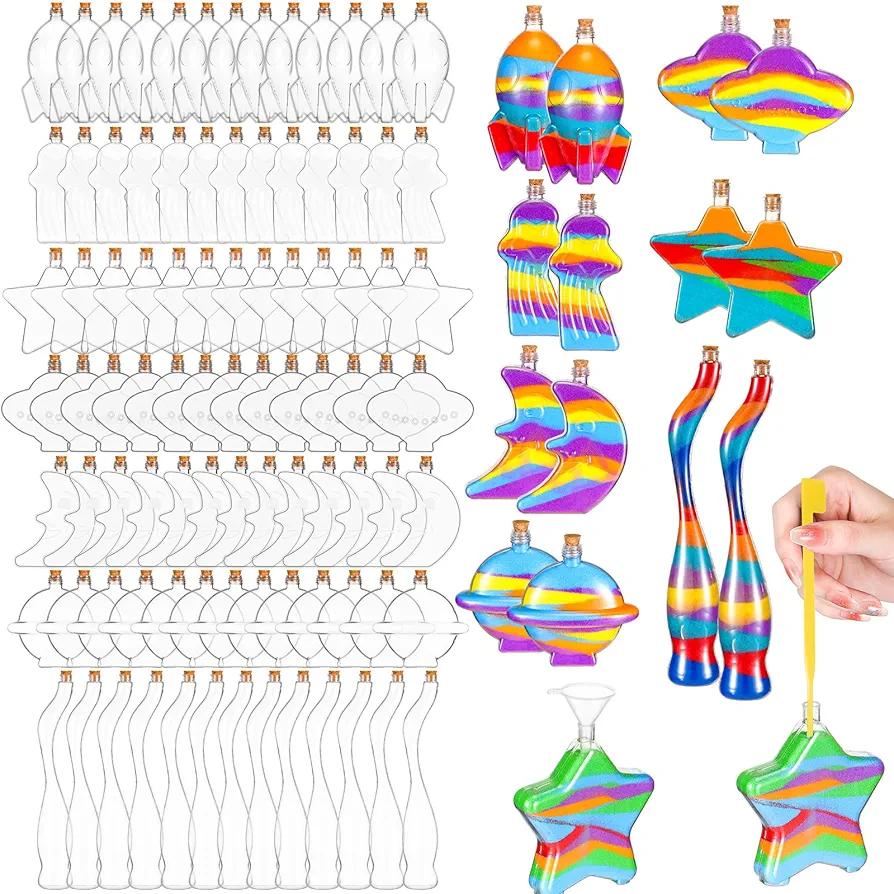 100 Pcs Plastic Sand Art Bottles with Cork Stoppers for Kids 8 Styles Clear Sand Art Containers Funnels Wishing Bottles Sand Storage Jars for DIY Art Crafts Projects Party Supplies