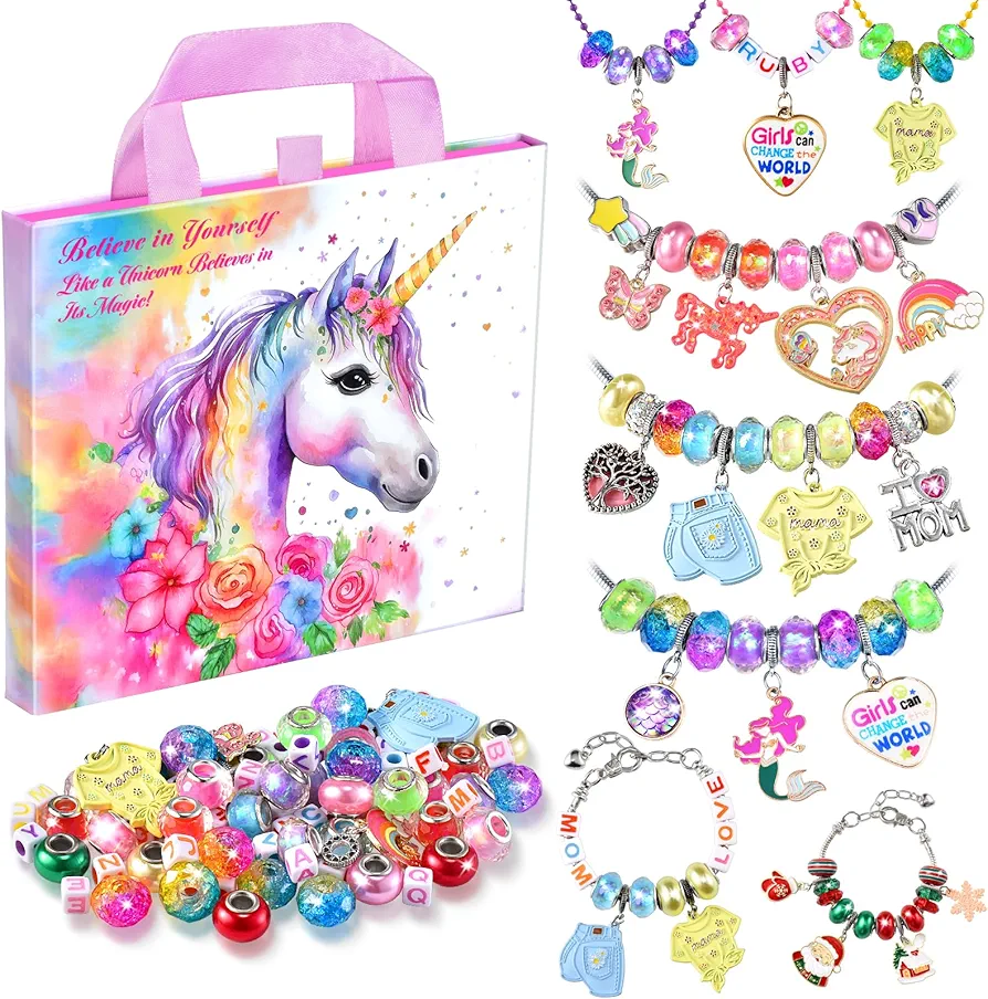 Girls Charm Bracelet Making Kit - Unicorn Jewelry Supplies Make Set DIY Art Craft Set Charm Bracelets Kits Creative Birthday Gifts for Kids Age 6 7 8 9 10 11 12 Year Old Girl Little Children Girl Toys
