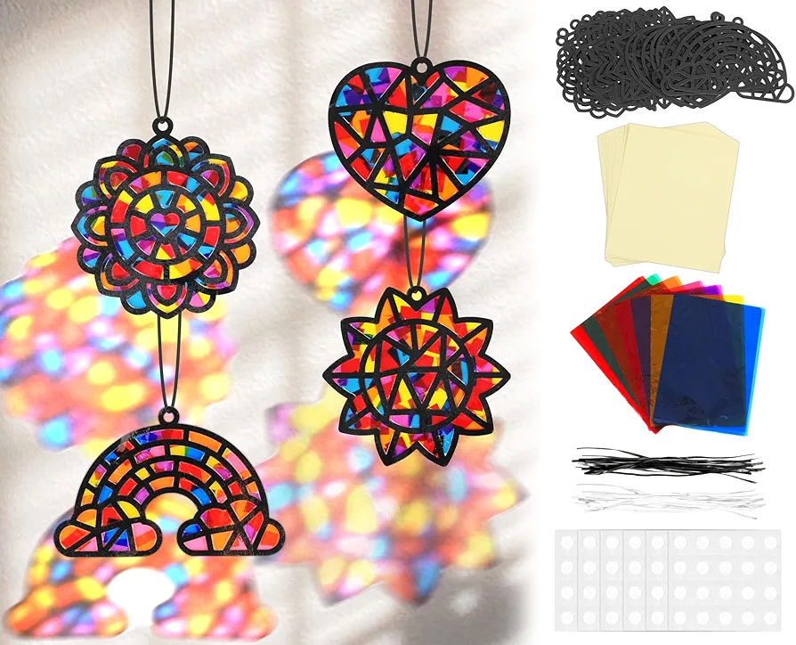 104 Pieces DIY Window Suncatcher Paper Crafts Summer Tissue Paper Stained Glass Kits for Girls Rainbow Heart Window Art Arts and Crafts for Sunday School Classroom Activities Gifts Party Favors Toys