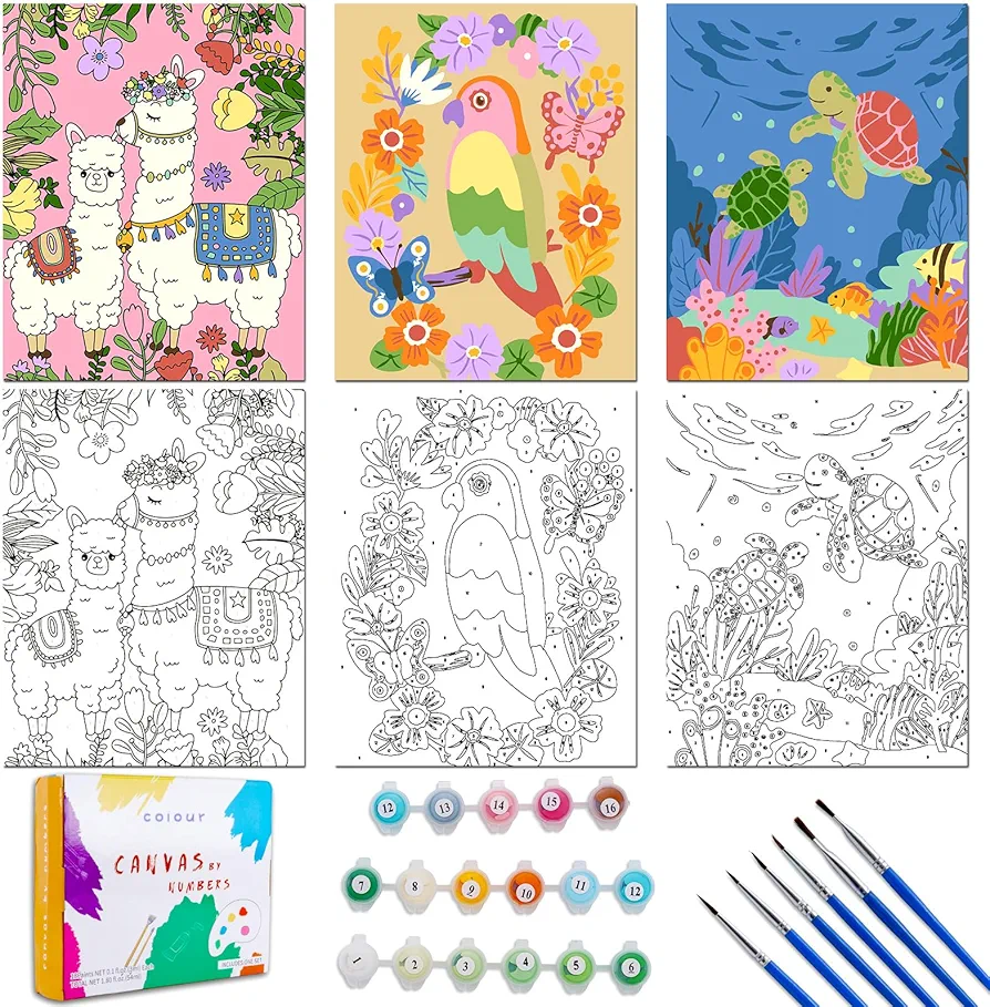3 Pack Paint by Numbers for Kids Ages 8-12, 10*8"Color by Number for Kids Framed Canvas with 17 Acrylic Paint Pots and 6 Brushes, Kids'paint by number, Arts and Crafts Art Supplies for Kids 9-12