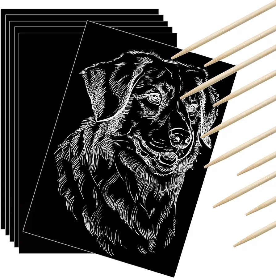 Gersoniel Scratch Paper Art Set Kids Craft Kits Scratch Off Paper Black Coated Scratchboard Black Scratch Notes with Wooden Stylus for Valentines Day Gifts Birthday Party Supplies (50)