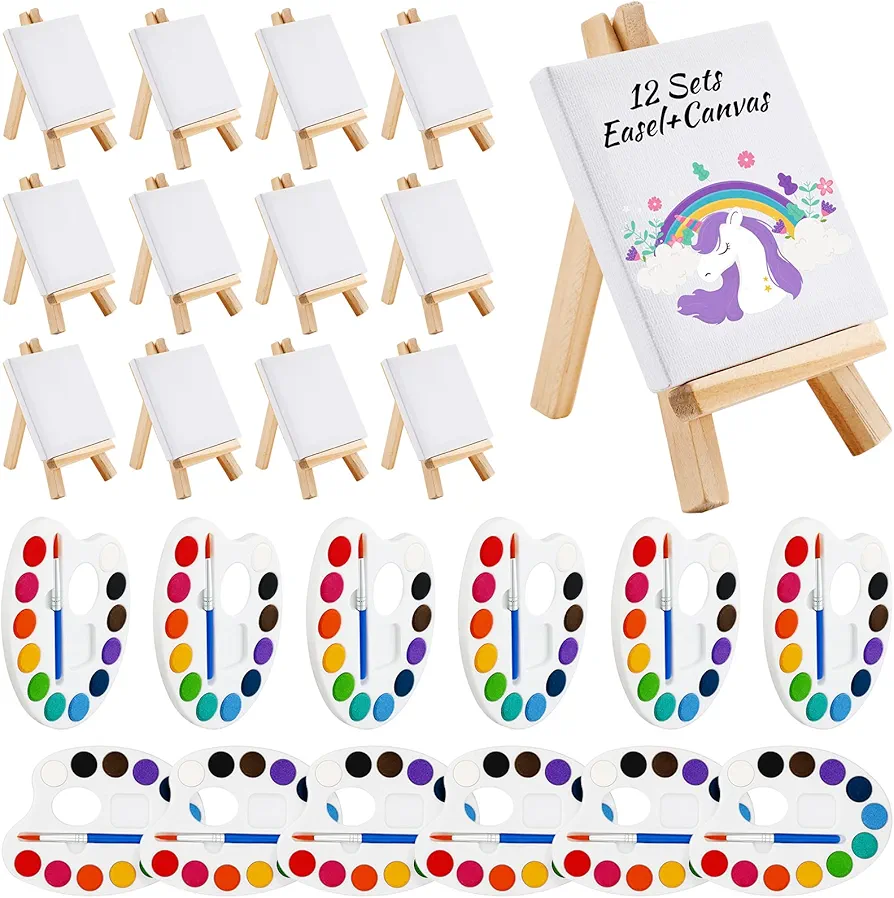 Zubebe Mini Watercolor Paint Sets 12 Colors Watercolor 3 x 3'' Painting Canvas Panel Wooden Easel Set Stretched Canvas Easel Painting Brush for Art Party Favors Classroom Supplies(12 Set)