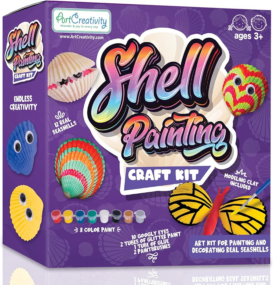 ArtCreativity Seashell Painting Kit for Kids - Sea Shell Craft Kit with 12 Real Seashells, 8 Paint Pots, 2 Glitter Paint Tubes, Air Dry Clay, and More - Summer Arts and Crafts Kits for Girls Ages 4-12