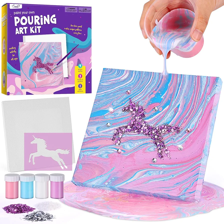 Canvas Paint Pouring Art Kit - DIY Craft for Kids Age 6-12, Arts and Crafts Kit for Girls & Boys, Toys Girls Boy Birthday Gift Ages 4 5 6 7 8 9 10 11 12+