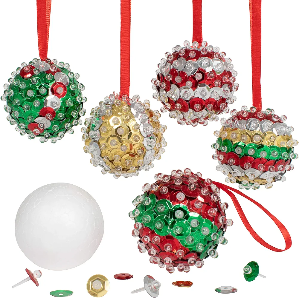 READY 2 LEARN- Create Your Own Sequin Ornaments - Set of 6 - Christmas Crafts for Kids - Christmas Tree Decorations - All Materials Included, Green,Red,Silver