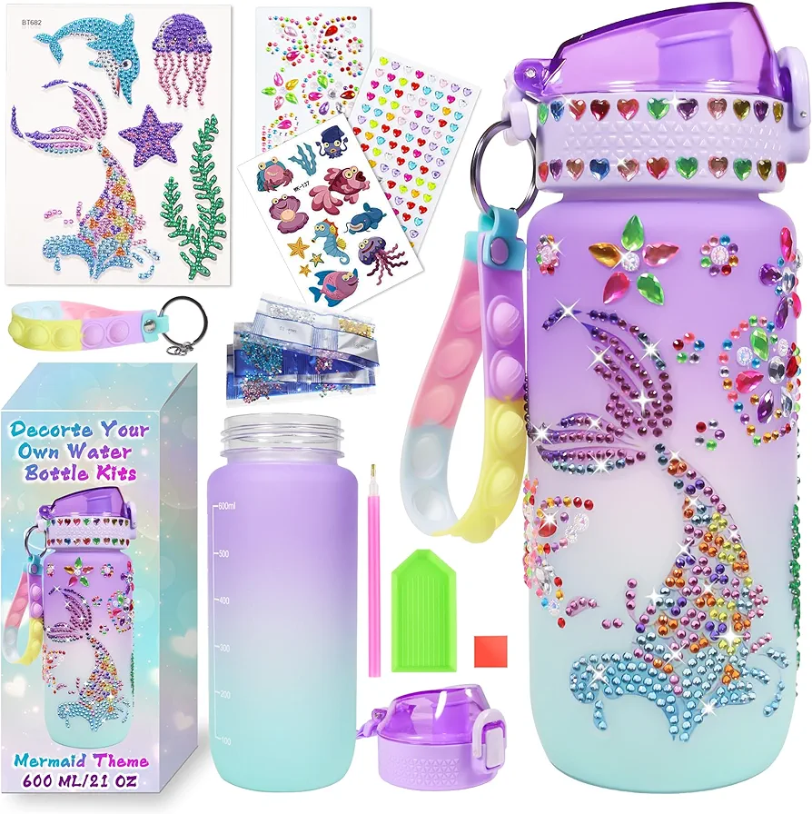 Decorate Your Own Water Bottle Kits for Girls Age 4-6-8-10-12, Mermaid Gem Diamond Painting Crafts, Arts and Crafts for Kids Ages 8-12, Birthday Gifts for Girls