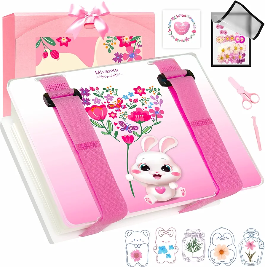 Mivanka Flower Press Kit, Well Designed Acrylic Creativity Pressed Flower Art Kit with Handbag, Large Size DIY Craft with Safe Accessory Easy for Preserve Flowers, Leaves, Plants - Cute Rabbit Pattern