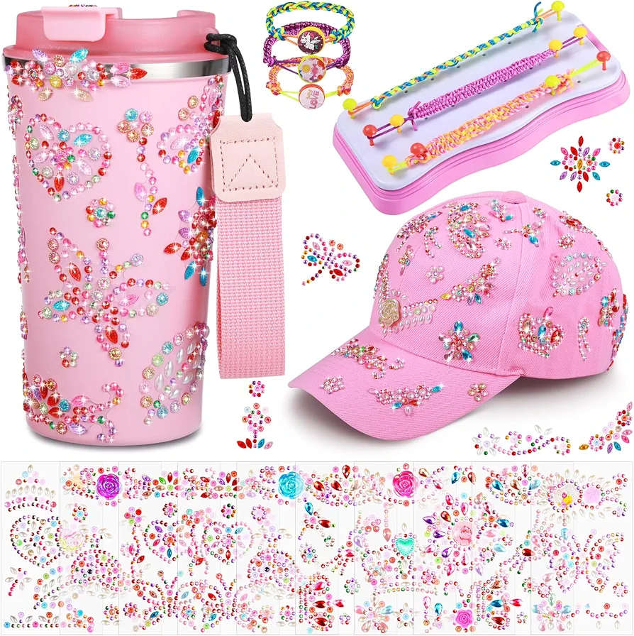 Butterfly DIY Arts and Crafts Decorate Your Own Water Bottle and Baseball Cap Bracelet Making Kit Set Butterfly Gems Stickers Crafts Gifts for Girls Birthday(Pink)