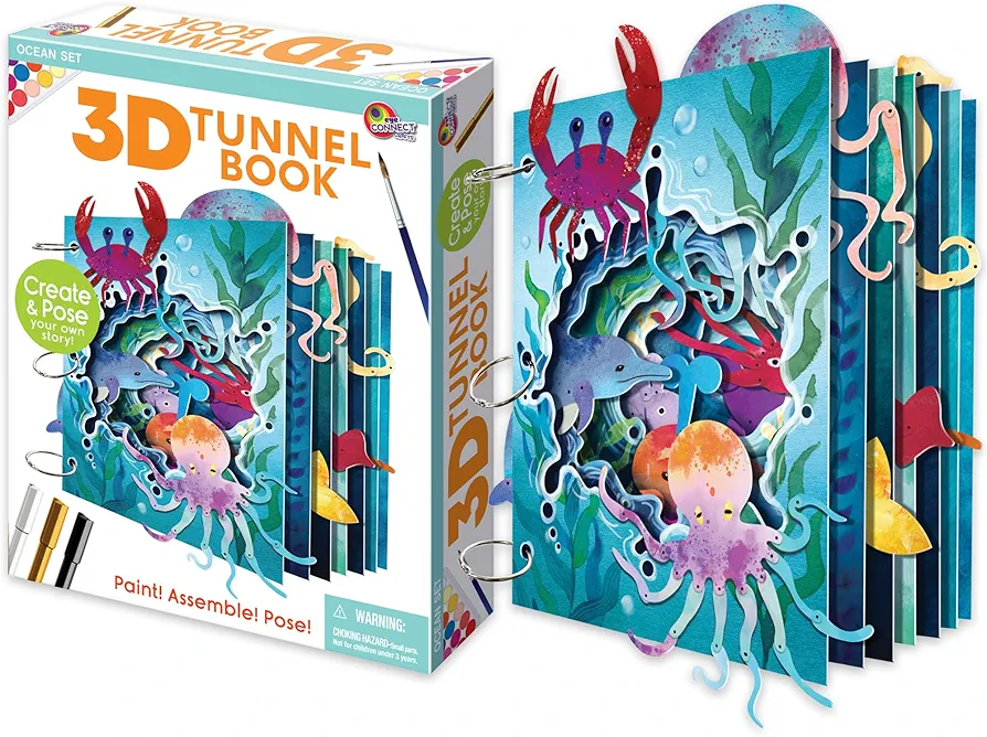 EyeConnect Crafts DIY 3D Tunnel Book Making Kit Creative Educational STEAM Art & Craft Painting Set for Kids & Teens, Make Your Own Book with Posable Interactive Animal & Characters (Ocean)
