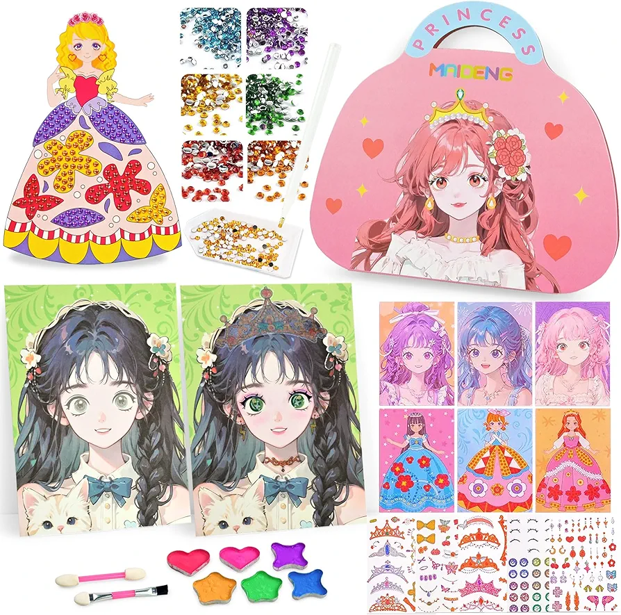 Vileafy Art Craft DIY Make Up Princess Toys for Gilrs Ages 4-8 Years Old, 3 in 1 Make Up Bag Set with Stickers and Diamond Paint Kits for Girls Birthday Gifts, Travel Activity