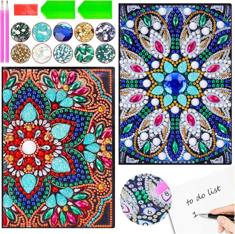 2 PCS Diamond Art Journal Notebook Gifts for 6 7 8 9 10 Year Olds Girls, School Stationery Set Arts and Crafts for Girls Kids Age 6-12, 7 8 9 10 Year Old Girl Birthday Gifts Mosaic Art Kits for Kids 6-9