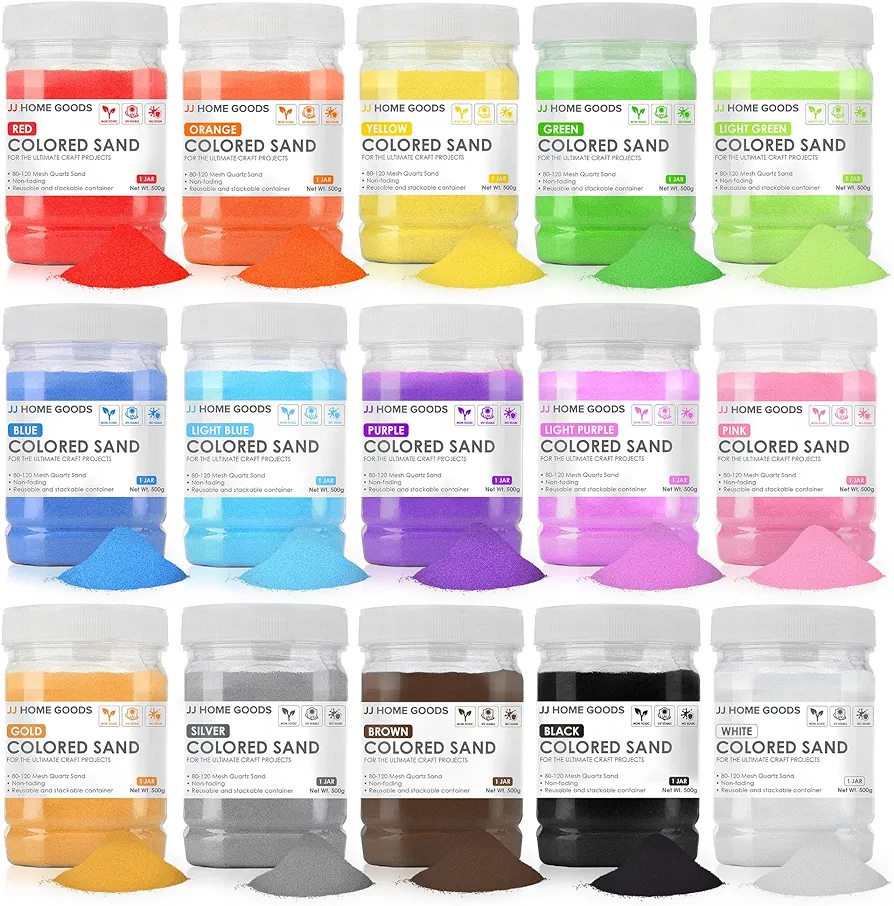 JJ CARE Colored Sand, 16.5 lbs. [15 Bottles] Craft Sand Art Kit for Kids 3 Years Above, Non-Toxic Color Sand Art Bulk, UV Stable Colorful Sand for Crafts, Wedding & Decorations, Kids Art Sand