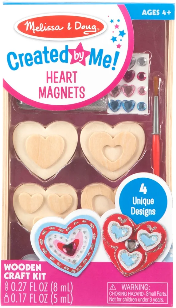 Melissa & Doug Created by Me! Wooden Heart Magnets Craft Kit (4 Designs, 4 Paints, Stickers, Glitter Glue) 8.75 x 5
