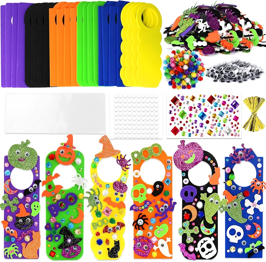 24 Set Halloween Craft Kits for Kids, DIY Halloween Doorknob Hanger Decorations Fall Arts & Crafts Supplies, Halloween Pumpkin Bat Ghost Monster Foam Stickers for Classroom Party Favors Activities