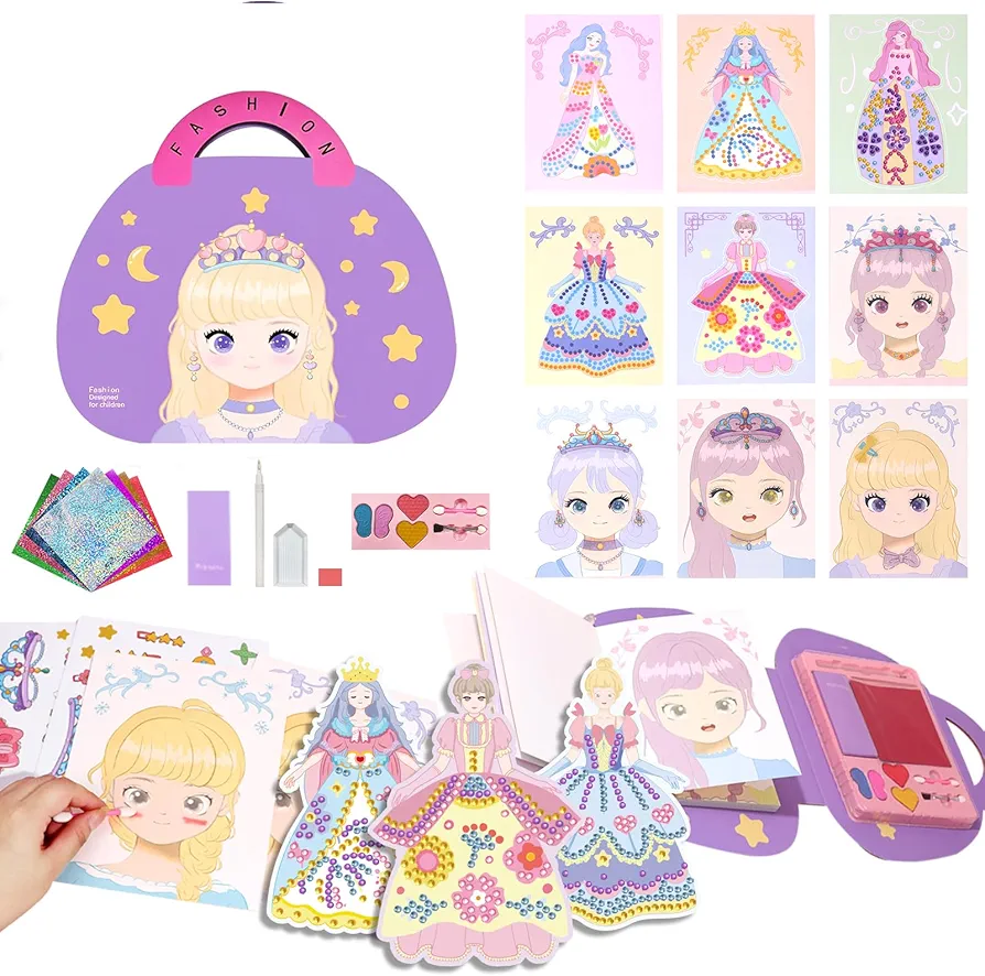 Makeup Fun Kit, Dress Up Game Set, Foil Fun Art Kit, Art Paper Craft for Kids, 4 in 1 Makeup DIY Fashion Design with Diamond Painting, Princess Dress up Sticker Books, Birthday Fashion Art Gifts 3+