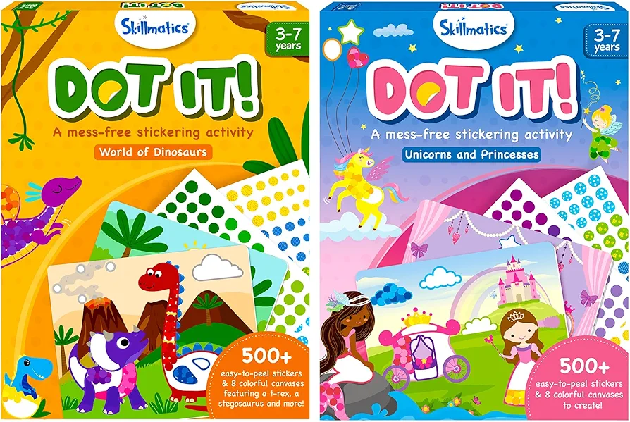 Skillmatics Dot It Dinosaurs & Dot It Unicorns & Princesses Bundle, No Mess Sticker Art for Kids, Craft Kits, DIY Activity, Gifts for Boys & Girls Ages 3, 4, 5, 6, 7, Travel Toys for Toddlers