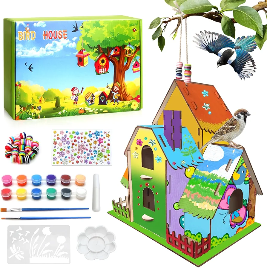 YoHold Birdhouse Kit DIY Wooden 4 Rooms Bird House Crafts with Paint for Kids Ages 5-8 8-12,Buildable DIY Villa Birdhouse Crafts Kits for Boys Girls Summer Arts Craft Projects, Boy Girl Gift Christmas