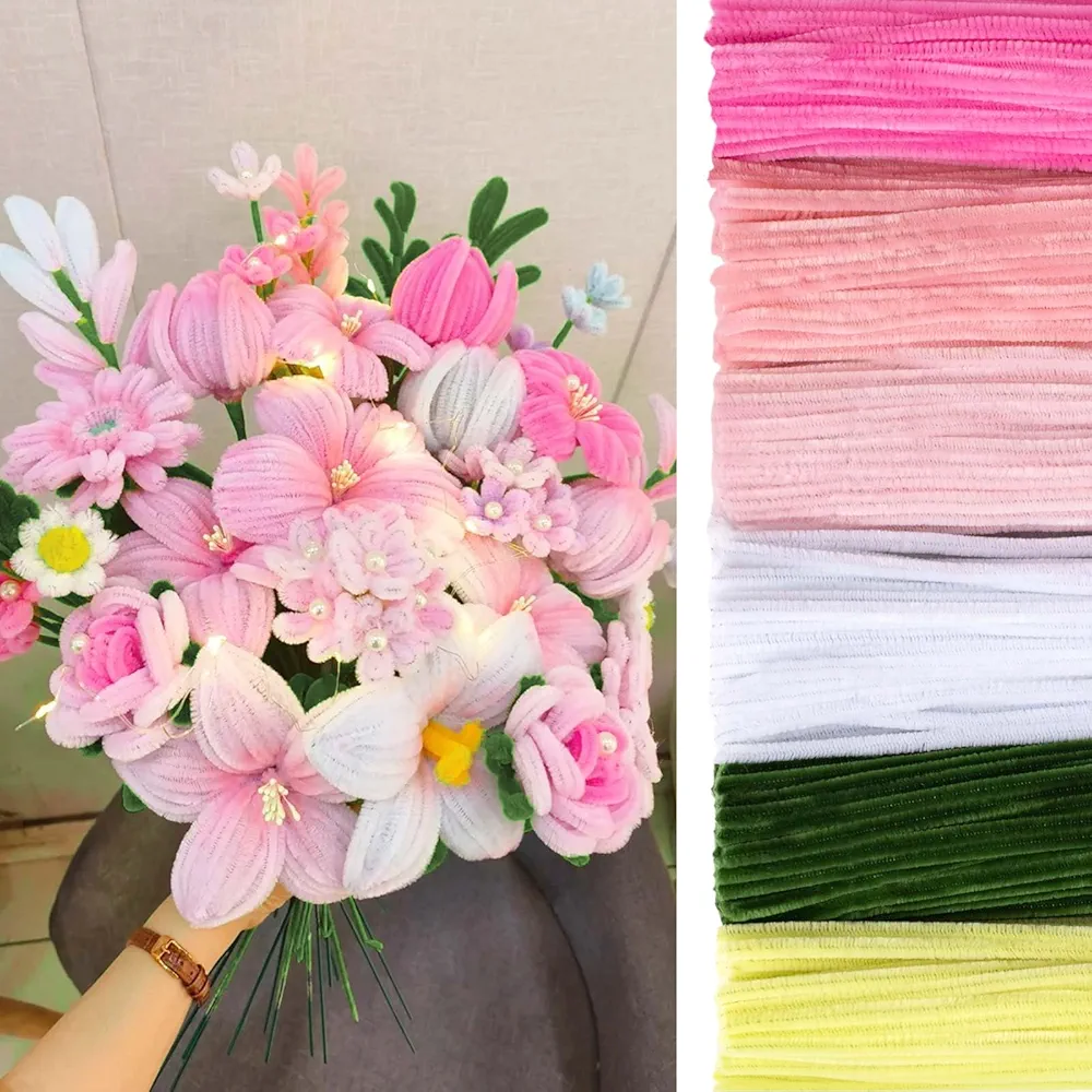 Peryiter 500 Pieces Pipe Cleaners Chenille Stems 12 Inch Craft Supplies Bulk for DIY Art and Craft Projects Creative Gift Wrapping Party Decorations(Pink Flower)