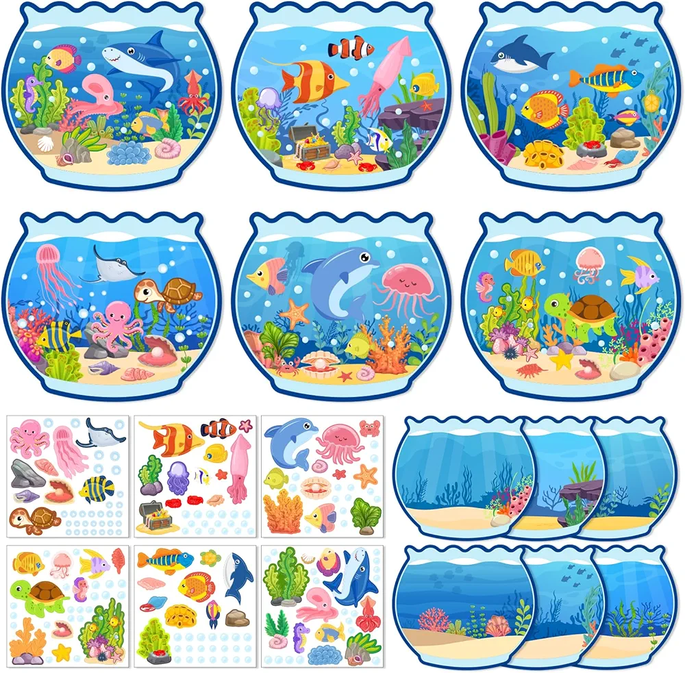 24Set Summer Craft Kits for Kids Make A Ocean Animals Worlds Stickers Scene, Summer Craft Under The Sea Scene Sticker Shark Tropical Fish Sea Animal Bulk Set for Home Classroom Game Activities