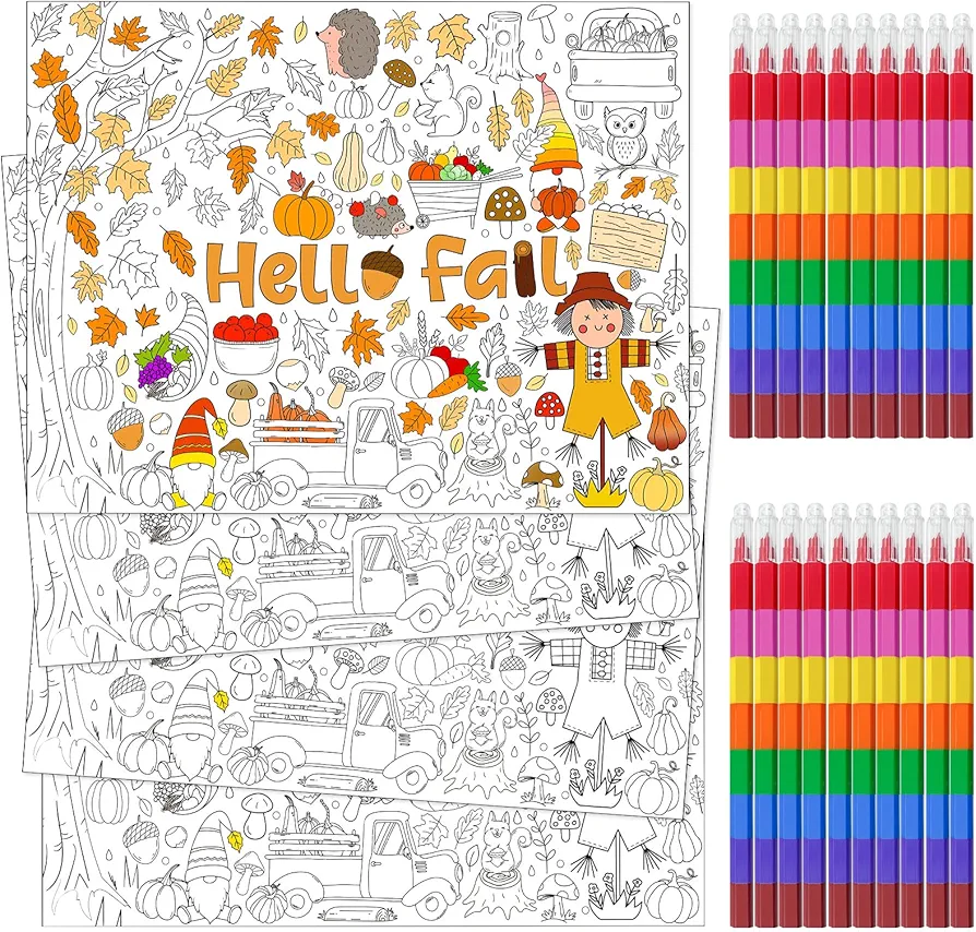 20Pcs Fall Coloring Poster Pack with 20 Stacking Crayons，Pumpkin Thanksgiving Party Favor Set Paint Coloring Poster Craft Art Kit for Students School Craft Classroom Activities Supply (Fall)