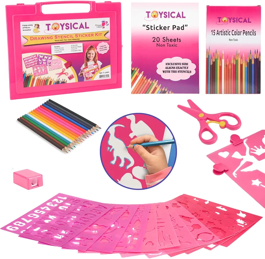 Toysical Drawing Stencils Set for Kids with Sticker Sheets - Gifts for Girls Ages 2, 3, 4, 5, 6 and 7 Year Old - Activity and Art N Crafts Kit - Awesome for Birthday (Pink)
