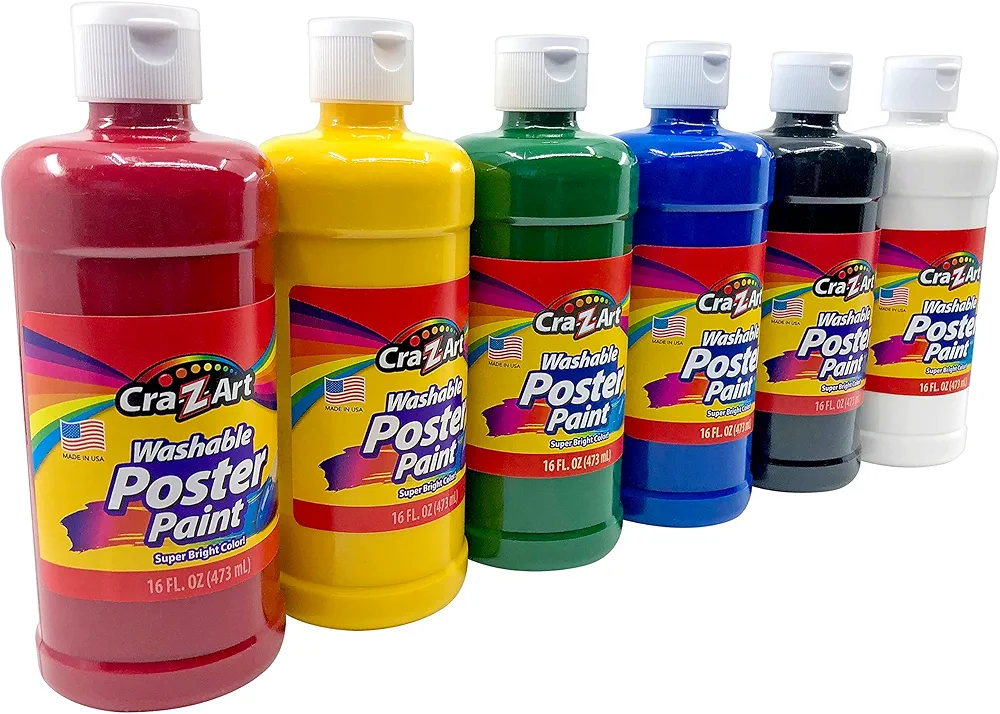 Cra-Z-Art Washable Poster Paint Bulk, Assorted Colors 16oz each bottle, 6 count