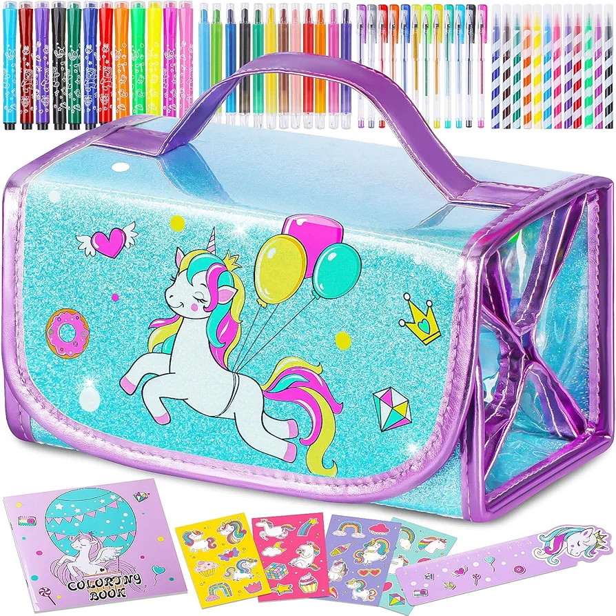 Washable Markers Set with Glitter Unicorn Pencil Case, Art Supplies for Kids Ages 4 5 6 7 8 Years Old, Arts Crafts Coloring Set with Crayon Pencil Gel Pen, Unicorn Toy Birthday Gift for Girls 4-6-8-10