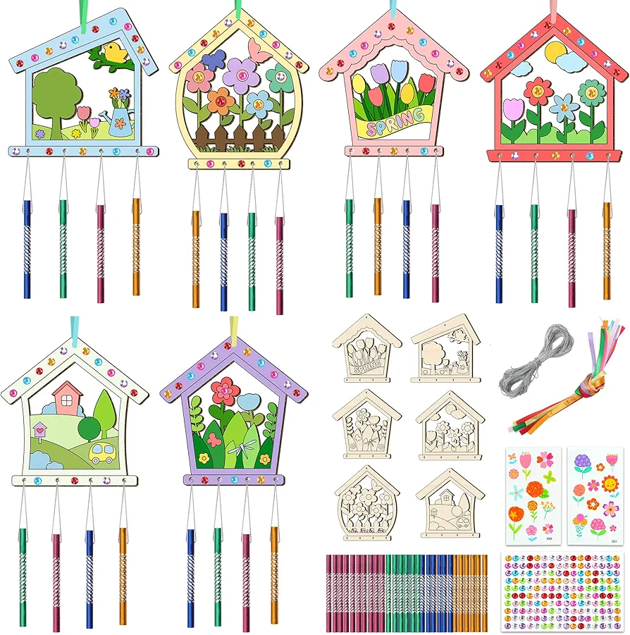 12PCS Birdhouse Wind Chime Kit for Kids Make Your Own Hollow Out Bird House Wind Chime DIY Coloring Wood Crafts Spring Wooden Arts and Crafts for Boys Girls School Activities Party Decoration