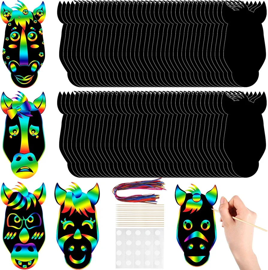 Hungdao 80 Pcs Horse Craft for Kids Horse Face Scratch Cards Colorful Rainbow Western Cowboy Scratch Paper Art with Wooden Stylus for Western Theme Birthday Party Classroom DIY Activities