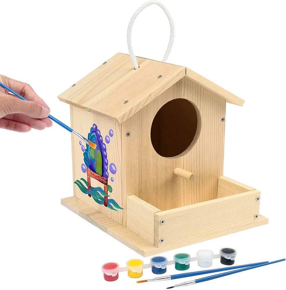 LotFancy Bird House Kit, DIY Wooden Birdhouse Kits, Arts and Crafts Painting Kits for Kids Ages 5+, Build and Paint, Including Paints & Brushes