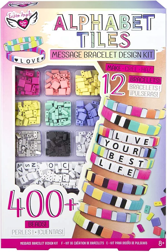 Fashion Angels Alphabet Tiles Message Bracelet Kit - Alphabet Beads Bracelet Making Kit for Kids Ages 8 and Up, 400+ Beads for DIY Bracelets, Makes 12 Colorful Bracelets (12557)