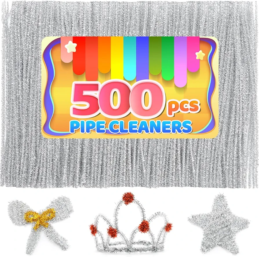 Iooleem 500pcs Silver Glitter Pipe Cleaners, Chenille Stems, Pipe Cleaners for Crafts, Pipe Cleaner Crafts, Art and Craft Supplies.