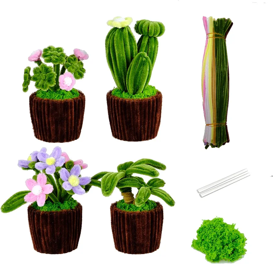 AJKJ Pipe Cleaners Craft Supplies with Tutorial,DIY Plants,DIY Lucky Clover,Cactus,Green Tree,Happy Flower for Birthday Gift, Holiday Decoration, Creative Decoration