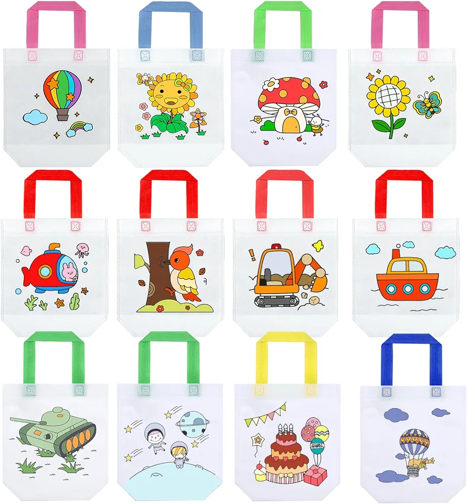 Liobelon 12 Pieces Coloring Goodie Bags, Canvas Coloring Party Favor Bags for Boys Girls Kids, Reusable Cartoon Coloring Gift Bags for Birthday Supplies, Coloring Tote Bags Bulk for Diy Art Crafts