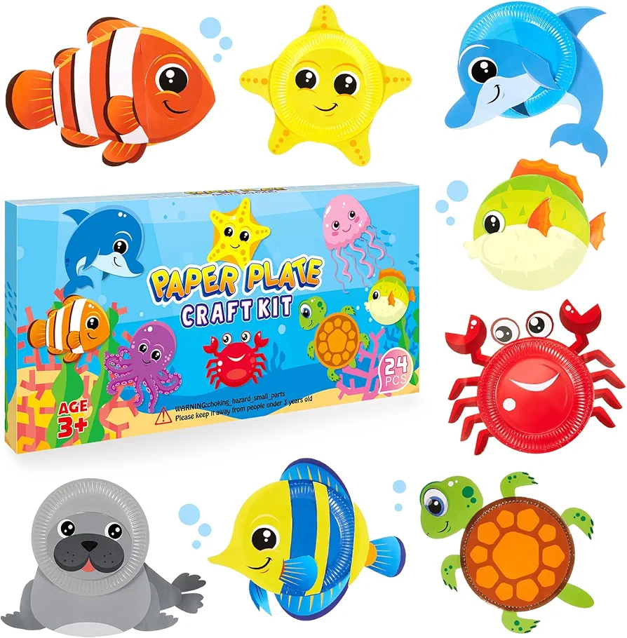 Fulmoon 24 Set Ocean Crafts for Kids Ages 3-5 Ocean Animal Paper Plate Arts and Crafts Animal Paper Plate Crafts for Toddler Boys Girls Craft Parties Groups and Classroom