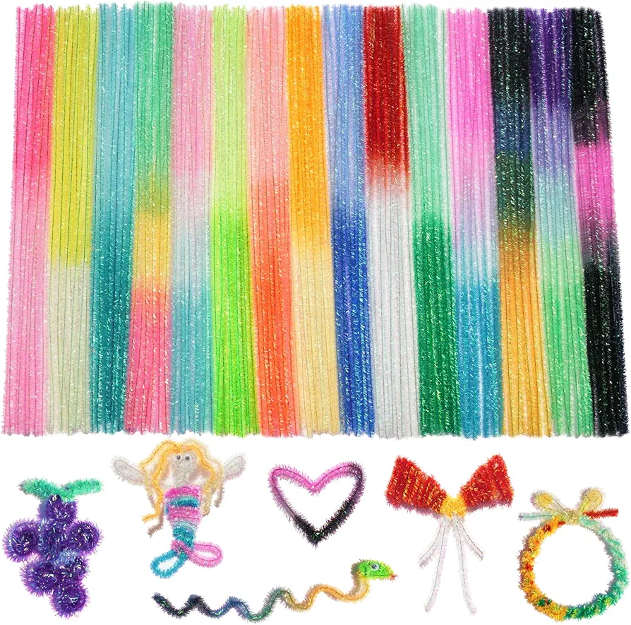 200 Pcs Craft Pipe Cleaners, Pipe Cleaners Crafts, 20 Gradient Colors Chenille Stems for DIY Crafts Decorations, Art and Craft Supplies (Glitter 15 Colors)