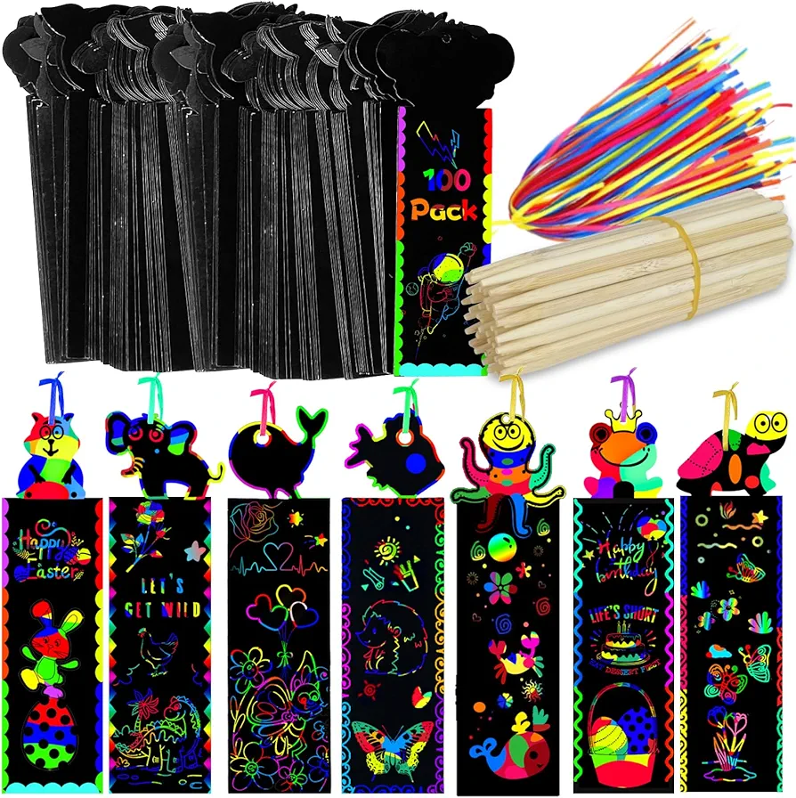 100Pcs Scratch Art Bookmarks Making Kit for Kids, Scratch Paper DIY Animal Bookmarks Bulk with 100 Pcs Ribbons and 100 Pcs Wood Stylus for Classroom Activities School Supplies Party Favors