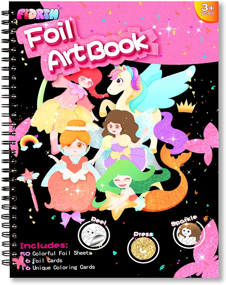 FIDRTH Art Craft Activity for Kids: Foil Fun DIY Travel Toys Supply Set, No Mess Creative Art Kit, Funny Birthday Christmas Gift for Girl Boy Ages 4, 5, 6, 7, 8, 9 (Unicorns & Princesses)