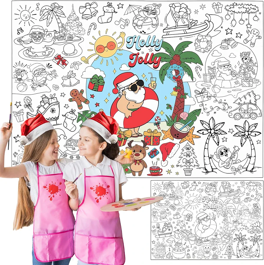PHOGARY Summer Christmas Giant Coloring Poster, 2pcs Large Wall Coloring Poster for Kids Teen Adult, Holly Jolly Coloring Book Table Cloth 43x31In for Arts Craft School Activities Games Party Supplies