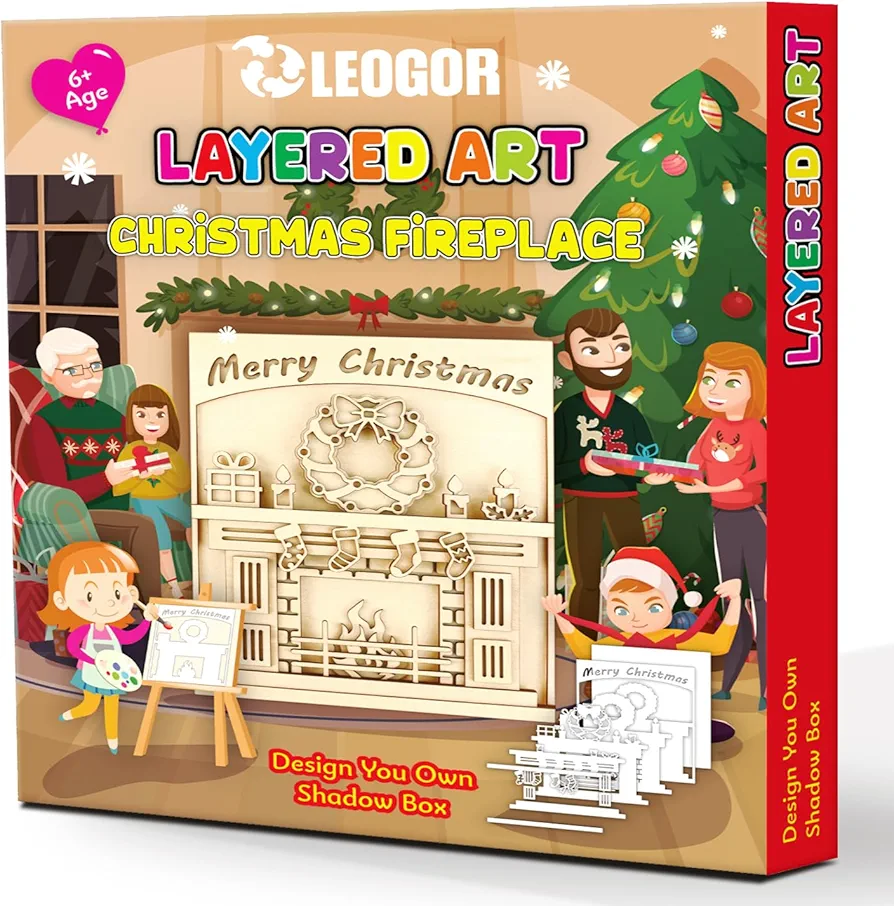 LEOGOR Large Christmas Fireplace Art Kit - Unique Painting Activities for Kids - Ideal Gift Set for Girls and Boys Age 6 and Above, 6 Layers