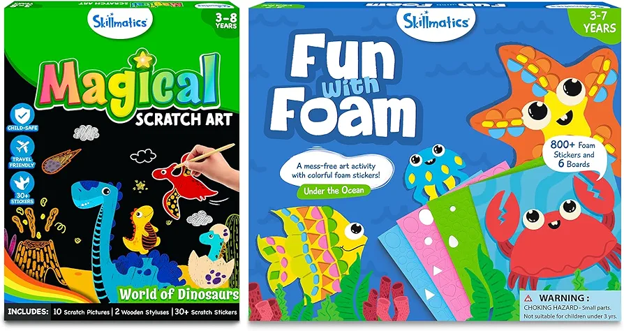 Skillmatics Magical Scratch Art Book Dinosaurs Theme & Fun with Foam with Underwater Animals Theme Bundle, Art & Craft Kits, DIY Activities for kids