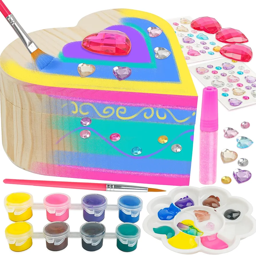 SMILESSKIDDO Paint Your Own Wooden Heart Treasure Box Kit - DIY Wooden Jewelry Box for Kids 4-8, Arts and Crafts for Kids 4-6 - Art&Crafts Kit Gifts for 8-12 Year Old Girls,Crafts for Girls 6-8