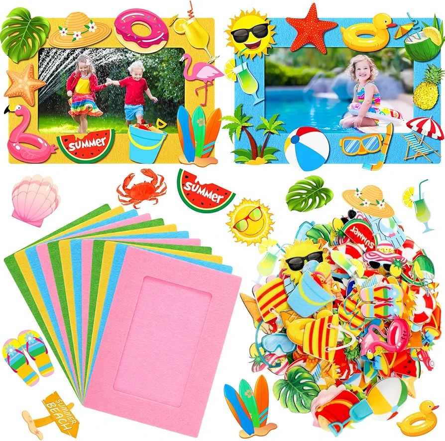 Marsui 232 Pieces Summer Ocean Beach DIY Picture Frame Craft Kit 32 Pieces Summer Beach Under The Sea Felt Photo Frames and 200 Pieces Foam Stickers for Holiday Game Activities(Beach,Cute Color)