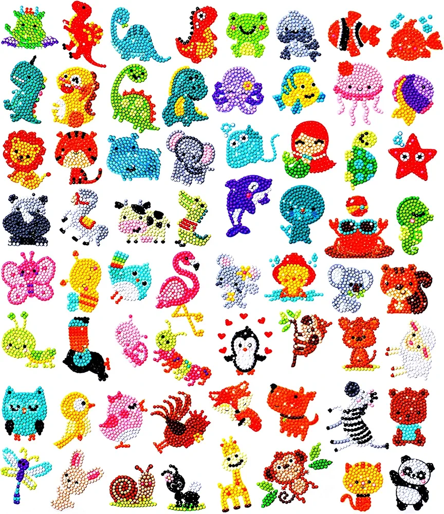 sinceroduct Sparkling 5D Diamond Sticker Kit for All Ages, 64 PCS Cute Animals & Dinosaurs, Eco-Friendly, Reusable & Easy DIY Art for Creative Fun and Learning